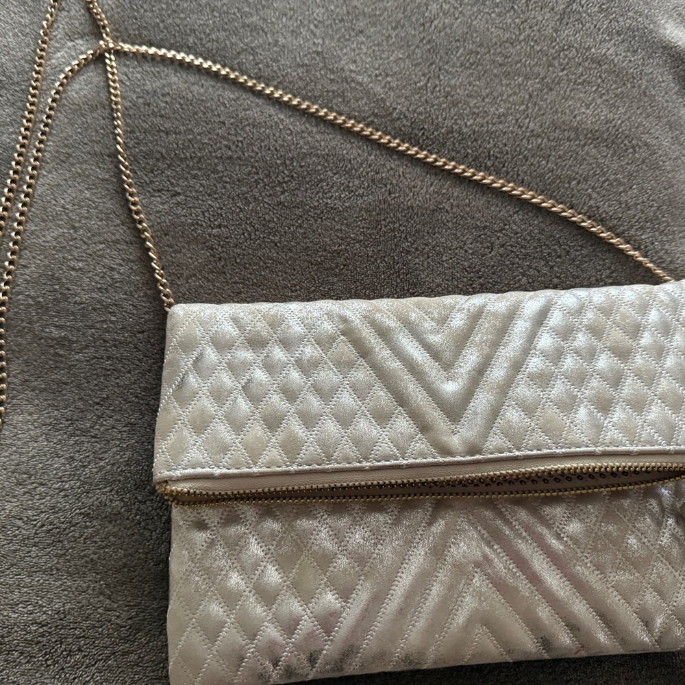 Cream and Gold Quilted Wristlet with Chain Strap